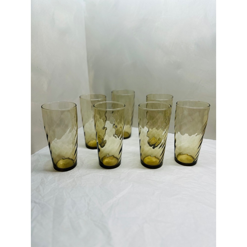 Libbey Tawny Smoke Glass Swirl Highball Set of 7 Brown Mid Century Modern
